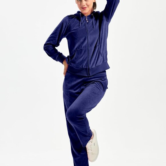 Versatile Women's Navy Velvet Tracksuit Set - Full Zip-Up Hoodie & Sweatpants - Picture 4 of 7